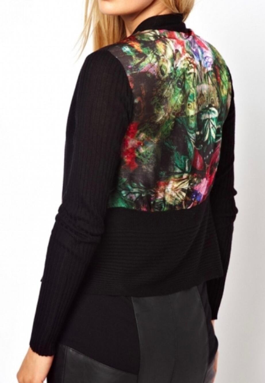 Ted Baker Cardigan Military Black Cashmere Wool Floral Pattern Back size Small